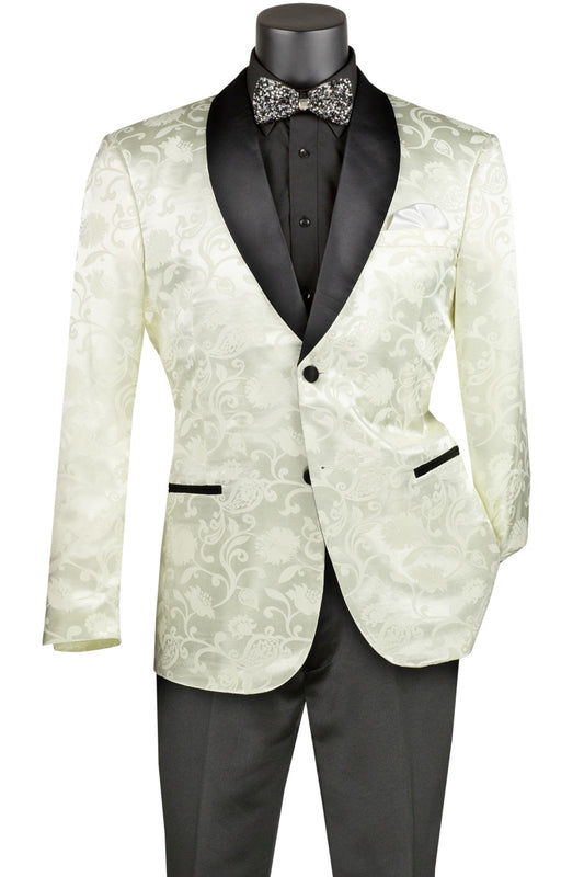 The mannequin features a Vinci Suits Slim Fit Silky Jacquard Fabric Sport Coat (Ivory) BSF-18 with sharp black lapels, paired with a black shirt, patterned bow tie, and slim fit black trousers.