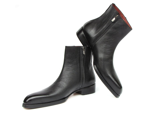 The Paul Parkman Men's Black Floater Leather Side Zipper Boots (BT6499-BLK) are displayed on a white background, showcasing their distinctive leather upper. With impeccably crafted Blake stitched construction, these boots merge style with durability for the modern wardrobe.