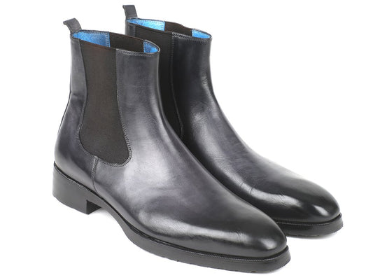 The Paul Parkman Black & Gray Chelsea Boots - BT661BLK are tailored for the stylish gentleman, crafted from black leather with eye-catching blue interior lining and complemented by black elastic side panels. Made-to-order, each pair offers a unique fusion of style and comfort, providing an impeccable fit for the discerning wearer.