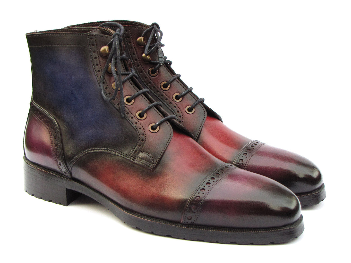 Introducing the Paul Parkman Men's Multicolor Hand-Painted Cap Toe Boots (model BT9566-MLT), a stunning pair of custom-crafted leather boots showcasing an exquisite red and blue gradient patina, intricate decorative stitching, and sleek black laces.