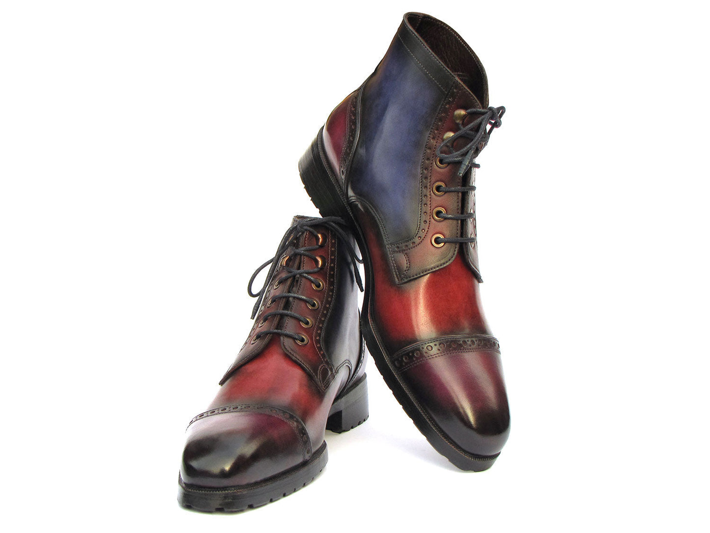 Introducing the Paul Parkman Men's Multicolor Hand-Painted Cap Toe Boots (model BT9566-MLT), a stunning pair of custom-crafted leather boots showcasing an exquisite red and blue gradient patina, intricate decorative stitching, and sleek black laces.