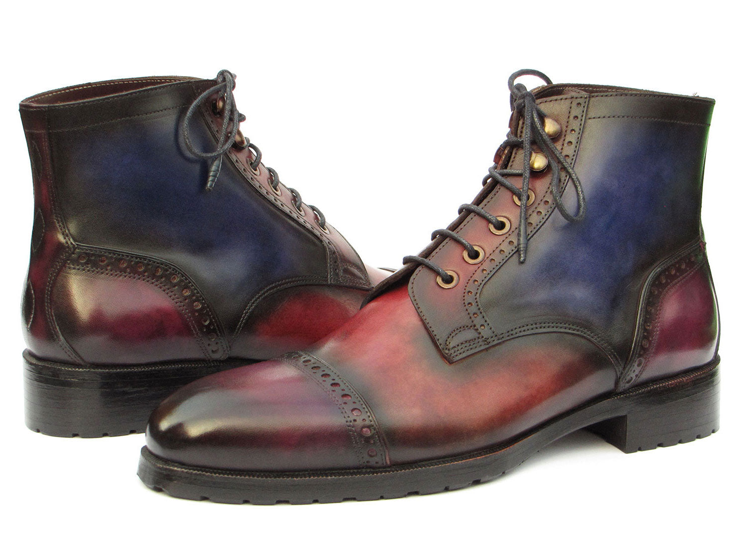 Introducing the Paul Parkman Men's Multicolor Hand-Painted Cap Toe Boots (model BT9566-MLT), a stunning pair of custom-crafted leather boots showcasing an exquisite red and blue gradient patina, intricate decorative stitching, and sleek black laces.
