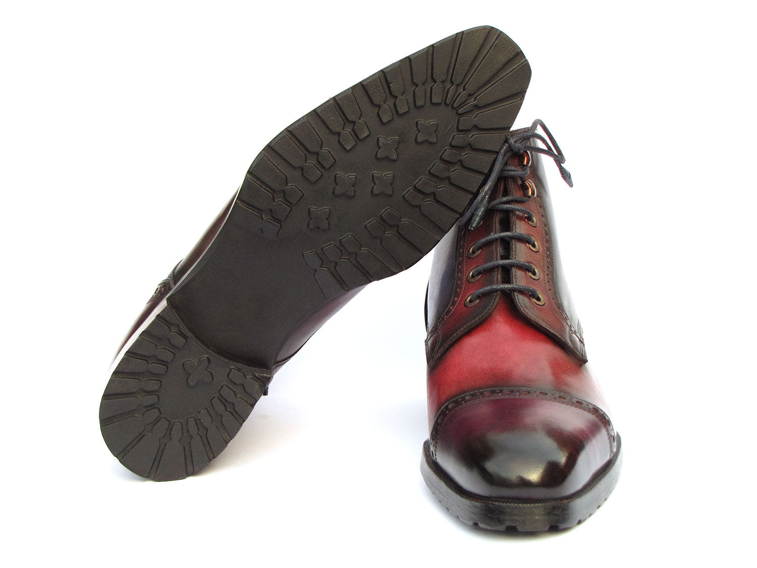 Introducing the Paul Parkman Men's Multicolor Hand-Painted Cap Toe Boots (model BT9566-MLT), a stunning pair of custom-crafted leather boots showcasing an exquisite red and blue gradient patina, intricate decorative stitching, and sleek black laces.