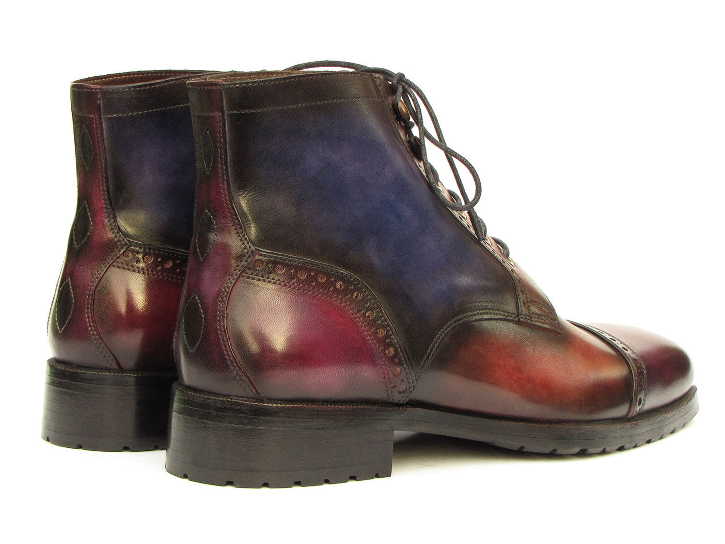 Introducing the Paul Parkman Men's Multicolor Hand-Painted Cap Toe Boots (model BT9566-MLT), a stunning pair of custom-crafted leather boots showcasing an exquisite red and blue gradient patina, intricate decorative stitching, and sleek black laces.