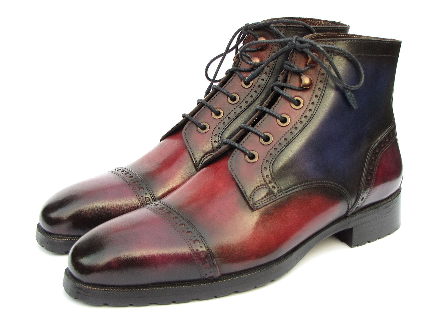 Introducing the Paul Parkman Men's Multicolor Hand-Painted Cap Toe Boots (model BT9566-MLT), a stunning pair of custom-crafted leather boots showcasing an exquisite red and blue gradient patina, intricate decorative stitching, and sleek black laces.