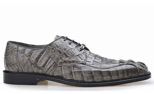 The Belvedere - Chapo, a genuine hornback caiman dress shoe in gray by BELVEDERE, showcases laces and a sleek black sole. Perfect for those in search of sophisticated men's leather shoes with an exotic flair.