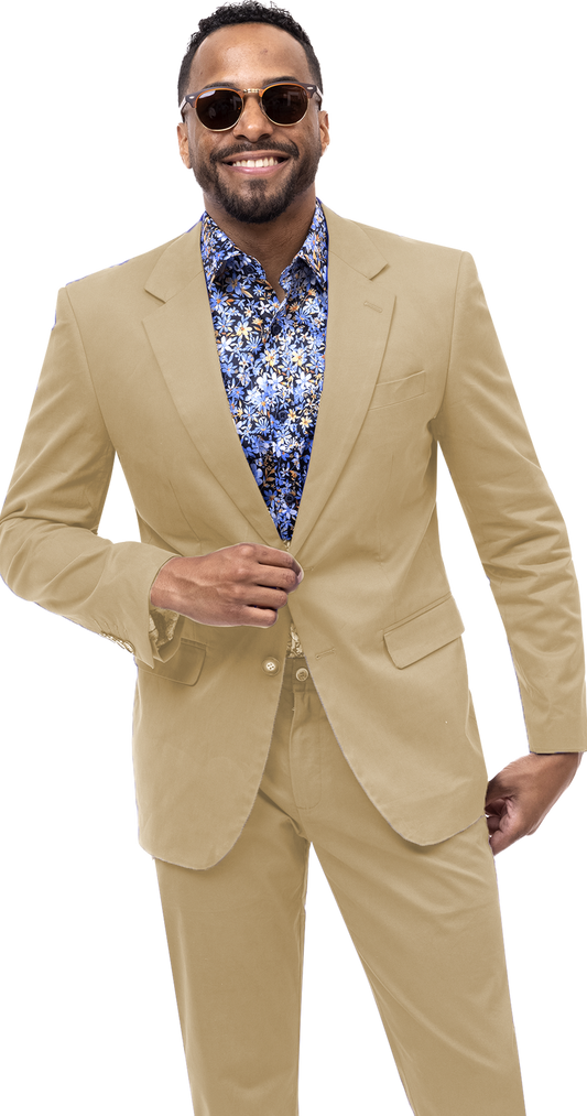 A person wearing an EJ Samuel Khaki Solid Chino Blazer CHJ01, a floral shirt, and sunglasses smiles while holding their jacket lapel.