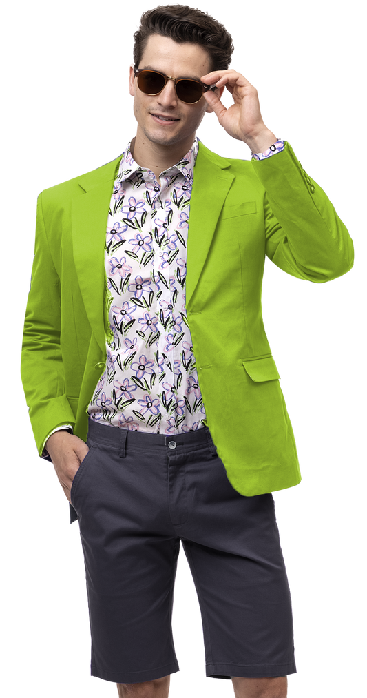 Detailed size guide for the EJ Samuel Lime Solid Chino Blazer CHJ01, including information on sizes 34 to 56. Measurements provided cover back length, shoulder, chest, waist, bottom, armhole, sleeve opening, and sleeve dimensions.