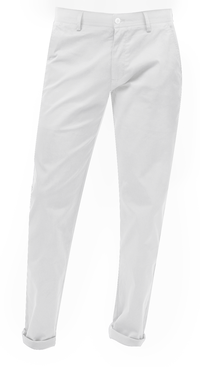 Diagram of EJ SAMUEL's EJ Samuel White Chino Long Pants CHL01 with labeled measurements: waist width, hip width, thigh, and pant length.