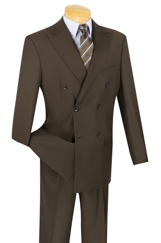 A mannequin displays the Vinci Suits Regular Fit Double Breasted 2-Piece Suit in brown (DC900-1) along with a light blue shirt and brown striped tie.