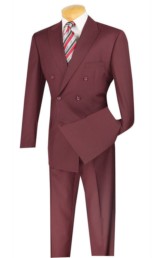 A mannequin displays a Vinci Suits Regular Fit Double Breasted 2 Piece Suit in Burgundy (DC900-1), featuring a wrinkle-resistant design, paired with a crisp white shirt and striped tie.