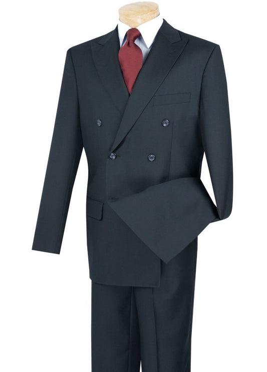 A mannequin showcases a Regular Fit Double Breasted 2 Piece Suit in Navy (DC900-1) by Vinci Suits, accented with a striking red tie, set against a pristine white background.