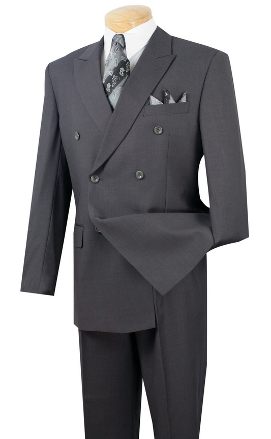 A mannequin displays the Vinci Suits Regular Fit Double Breasted 2 Piece Suit in Heather Gray (DC900-1), featuring a wrinkle-resistant design with a white shirt, patterned tie, and matching pocket square.