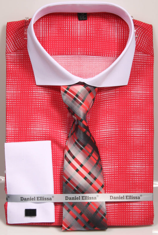 The Avanti Uomo French Cut Dress Shirt DNS03 Red (Slim Fit) by AVANTI UOMO is a red patterned shirt made from soft cotton, featuring a white collar and cuffs, complemented by a red, grey, and black plaid tie.