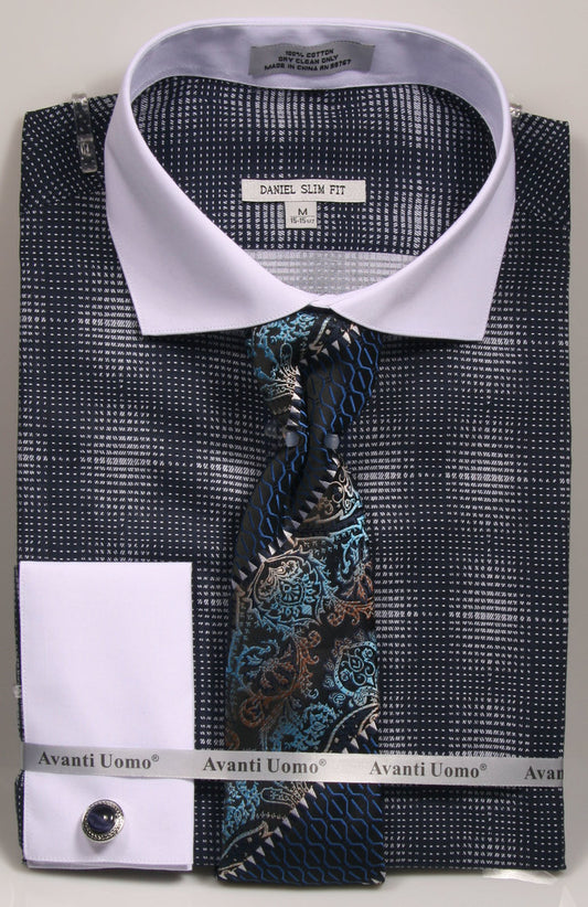 Folded Avanti Uomo French Cut Dress Shirt DNS03 Navy (Slim Fit) crafted from premium cotton featuring white collar and cuffs, paired with a paisley tie in blue and brown tones.