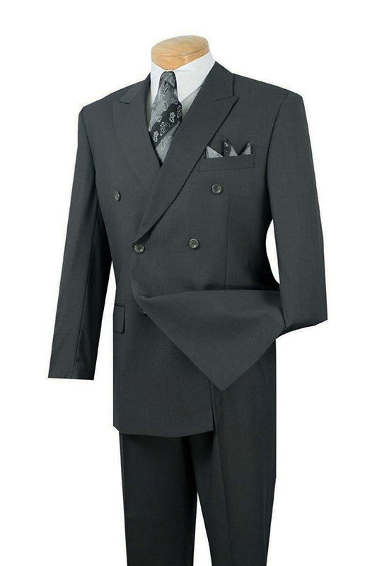 A mannequin elegantly displays the Vinci Suits Regular Fit Double Breasted 2 Piece Suit (Charcoal) DPP, featuring a patterned tie and pocket square.