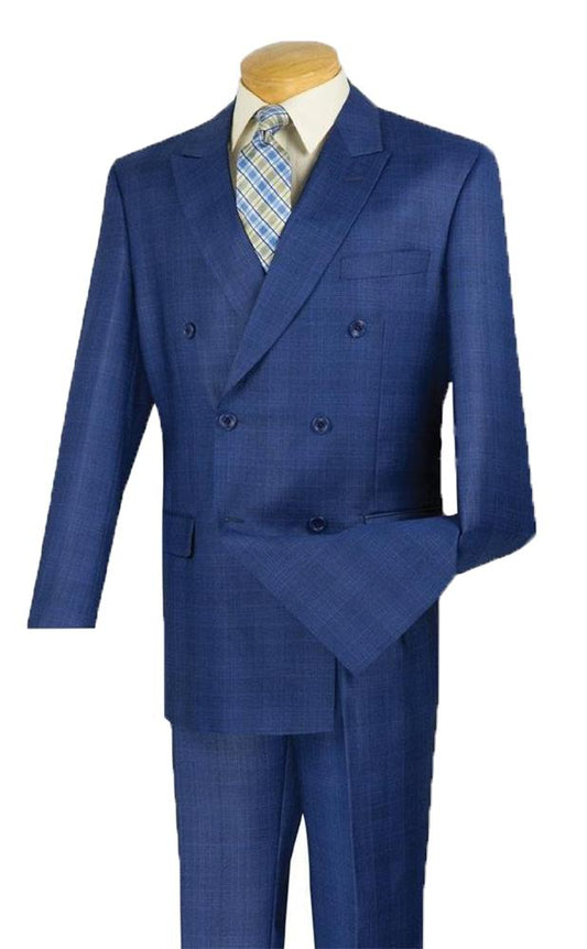 The Regular Fit Double Breasted Glen Plaid 2 Piece Suit (Blue) DRW-1 by Vinci Suits is displayed on a mannequin with a white shirt and blue patterned tie. Its wrinkle-resistant fabric offers style and comfort throughout the day.
