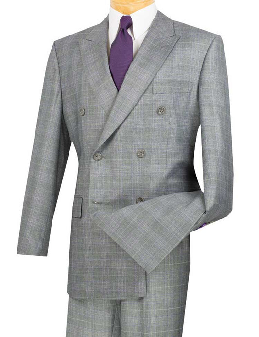 The Vinci Suits Regular Fit Double Breasted Glen Plaid 2 Piece Suit (Gray) DRW-1 is shown paired with a white dress shirt and a purple tie.