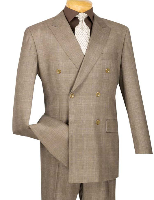 A Vinci Suits mannequin displays a Regular Fit Double Breasted Glen Plaid 2 Piece Suit in tan (DRW-1), paired with a dark brown shirt and light patterned tie.