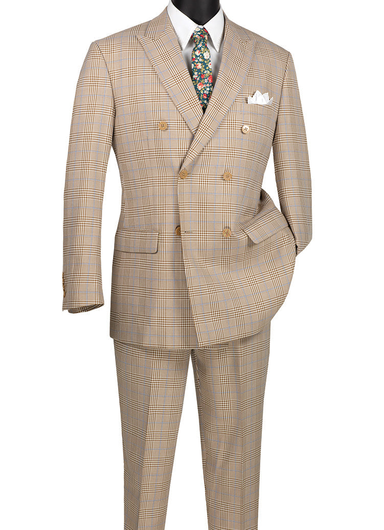The Vinci Suits 2 Piece Double Breasted Windowpane Suit in beige, paired with a floral tie and white pocket square, offers a sharp look all day with wrinkle-resistant fabric.