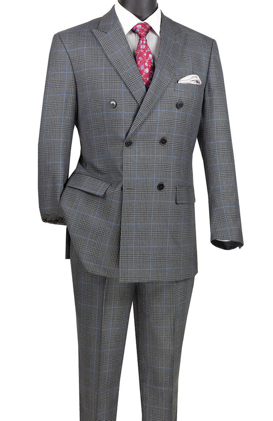 Displayed on a mannequin, the Vinci Suits' charcoal 2 Piece Double Breasted Windowpane Suit (DRW-2) features a wrinkle-resistant finish and is styled with a white shirt, red patterned tie, and crisp white pocket square.