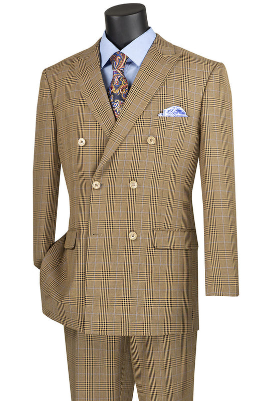 A mannequin showcases the Vinci Suits 2 Piece Double Breasted Windowpane Suit in Mocha (DRW-2), styled with a blue shirt, paisley tie, and pocket square.