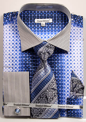 A folded Daniel Ellissa Checker Pattern French Cuff Dress Shirt (DS3786P2 Blue) by Unique Design Menswear, paired with a patterned tie and handkerchief, all secured by branded ribbon.