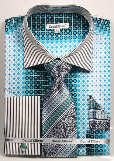 A folded dress shirt featuring a geometric blue and white checker pattern is paired with a striped and paisley tie, striped pocket square, and classic striping along the buttoned French cuffs. Crafted from 100% cotton, the "Unique Design Menswear" brand label is prominently displayed on the Daniel Ellissa Checker Pattern French Cuff Dress Shirt DS3786P2 Teal.