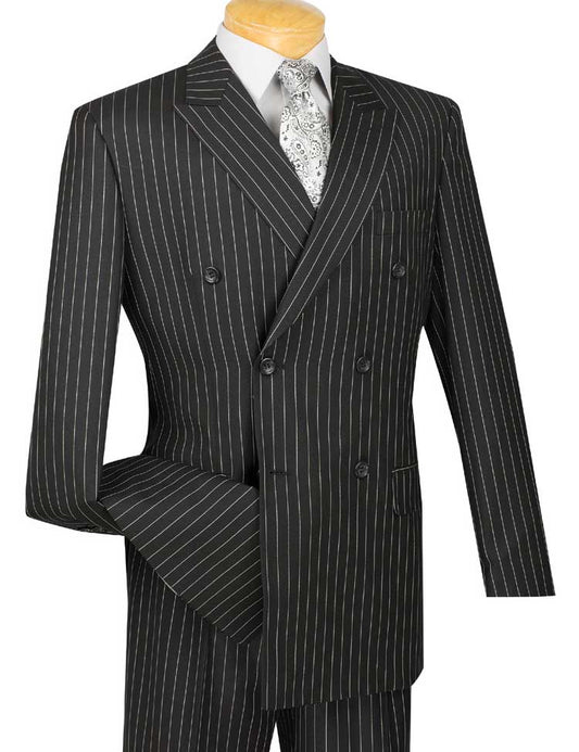 Vinci Suits' Regular Fit Double Breasted Stripe 2 Piece Suit in black, model DSS-4, paired with pleated pants and a light paisley tie.