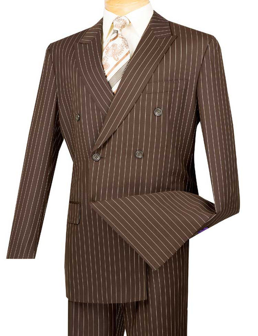 The Vinci Suits mannequin sports a timeless ensemble with the Brown Regular Fit Double Breasted Stripe 2 Piece Suit (DSS-4), featuring pleated trousers. It's expertly paired with a white dress shirt and patterned tie, highlighting classic elegance.