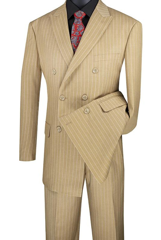 The Vinci Suits' Regular Fit Double Breasted Stripe 2 Piece Suit (Camel) DSS-4 is stylishly showcased on a mannequin, paired with pleated pants and a red patterned tie.