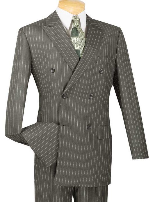 The Vinci Suits Regular Fit Double Breasted Stripe 2 Piece Suit (Charcoal) DSS-4, displayed on a mannequin with wide lapels and paired with a patterned green tie and white shirt, includes regular fit pleated pants for an added touch of sophistication.