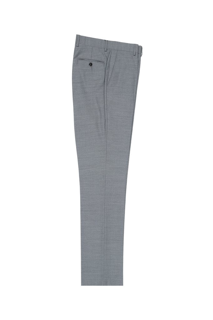 A pair of Tiglio Luxe light gray dress pants, featuring a modern fit crafted from pure extrafine wool. These flat front pants include a single back pocket and belt loops, elegantly showcased against a white background.