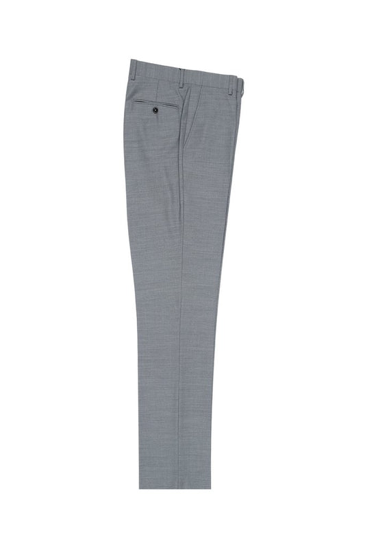 A pair of Tiglio Luxe light gray dress pants, featuring a modern fit crafted from pure extrafine wool. These flat front pants include a single back pocket and belt loops, elegantly showcased against a white background.