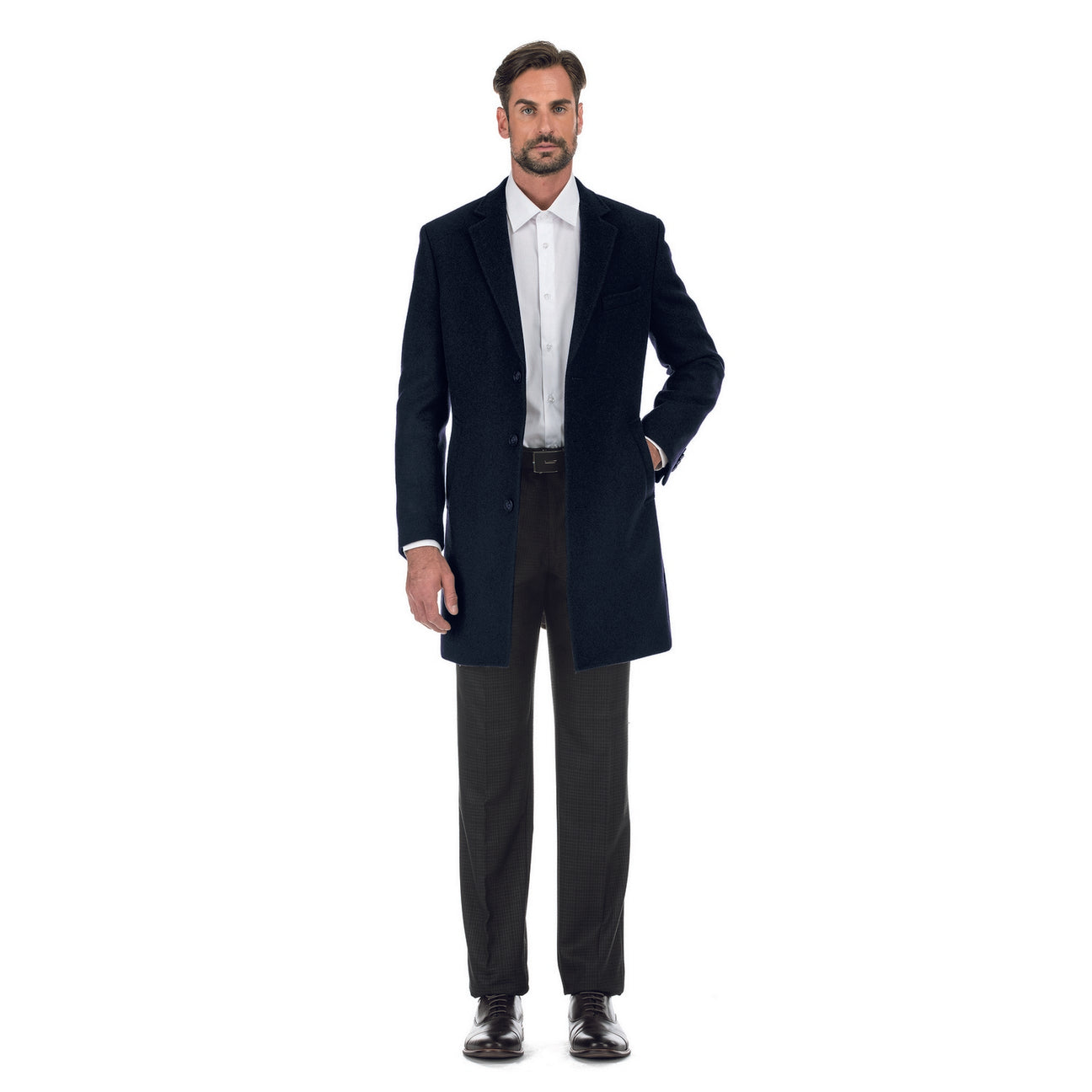The ENGLISH LAUNDRY Wool Blend Breasted Navy Top Coat EL53-01-410 by English Laundry is a versatile choice that can perfectly complement a black suit jacket, a white shirt, and a black tie with small white dots, creating an elegant layered look suitable for any occasion.