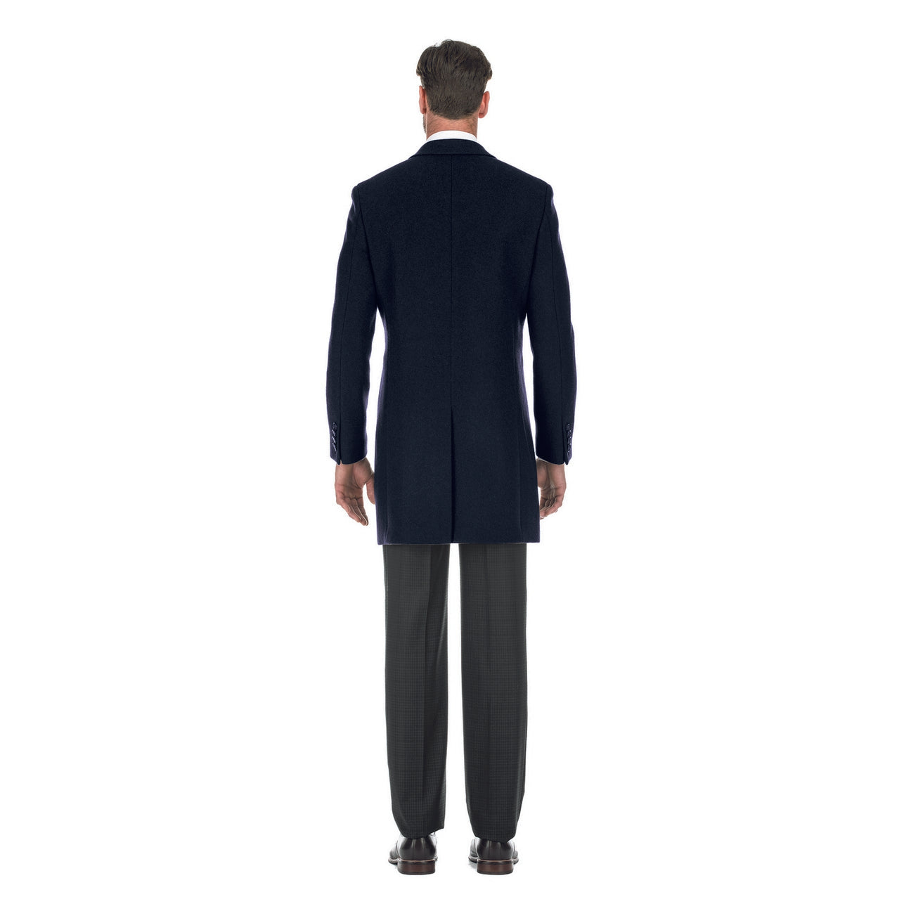 The ENGLISH LAUNDRY Wool Blend Breasted Navy Top Coat EL53-01-410 by English Laundry is a versatile choice that can perfectly complement a black suit jacket, a white shirt, and a black tie with small white dots, creating an elegant layered look suitable for any occasion.