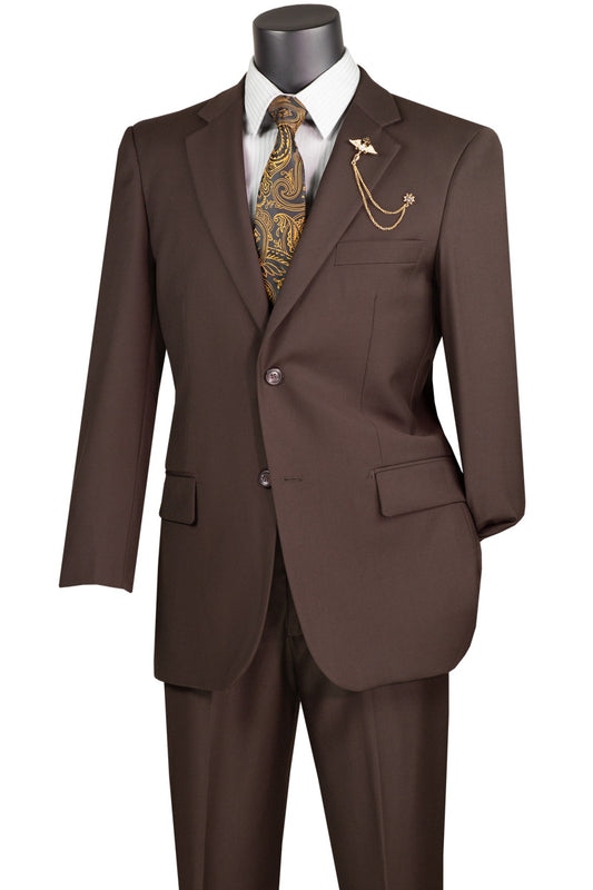 The Vinci Suits 2 Piece Suit F-2C900 in brown features a paisley tie, star-shaped pin on the notch lapel, and is made from luxurious wool feel fabric; displayed single-breasted with a 2″ adjustable waistband.