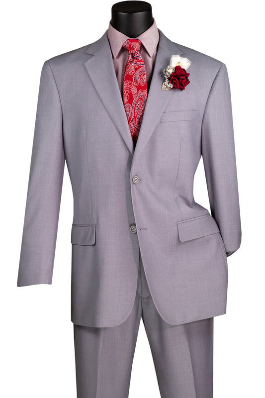 A mannequin displays Vinci Suits' 2 Piece Suit with a 2" Adjustable Waist Band (Light Gray) F-2C900, featuring a notch lapel and paired with a red paisley tie. The ensemble includes a boutonnière of red and white flowers, offering elegance with its luxurious wool feel.