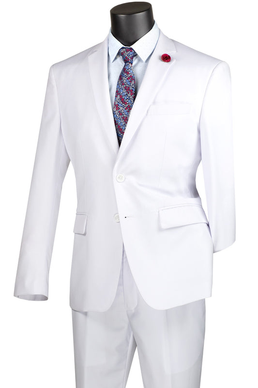 A Vinci Suits mannequin displays a sleek white 2 Piece Suit with a colorful tie and crisp shirt, featuring classic notch lapels and accented by a red lapel pin.