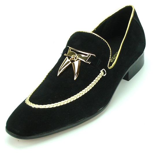 Introducing the FI-7157 Black Suede Fiesso by Aurelio Garcia, a fashion shoe from the renowned brand Fiesso. This luxurious footwear showcases a sophisticated leather upper in black suede, embellished with elegant gold braided trim and an exquisite gold ornament. Enjoy unparalleled comfort with its cushioned insole.