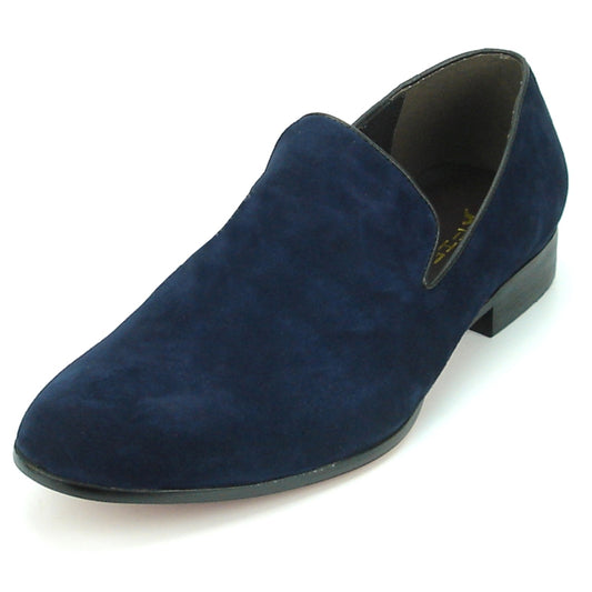 The FI-7216 Navy Suede loafer by Fiesso, featuring a low heel and cushioned insole, is showcased from the side.