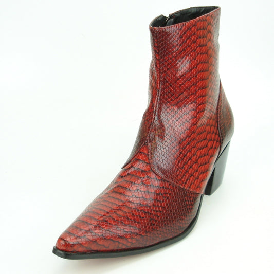 Introducing the FI-7240 Red Boot by Fiesso, a chic ankle boot by Aurelio Garcia. It features a fashionable red snakeskin pattern, a pointed toe, and a block heel, all crafted from sleek leather set against a pristine white background.