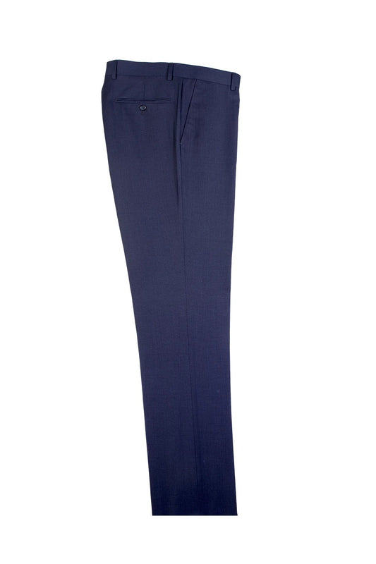 Tiglio Luxe's Blue Birdseye Flat Front Modern Fit Dress Pants, made from pure wool and featuring a single back pocket and belt loops, are displayed against a white background.