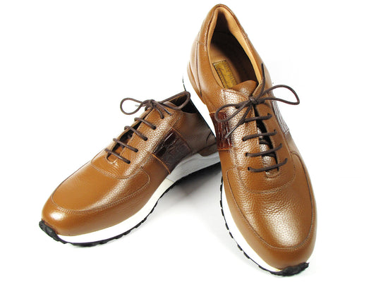 These Paul Parkman Men's Cognac Floater Leather Sneakers - LP206CGN feature a sleek brown leather design with cognac floater leather accents, complemented by white soles and dark brown laces, all beautifully showcased on a white background. Celebrate individuality with this made-to-order item from the Paul Parkman brand, perfect for those who value exceptional craftsmanship.