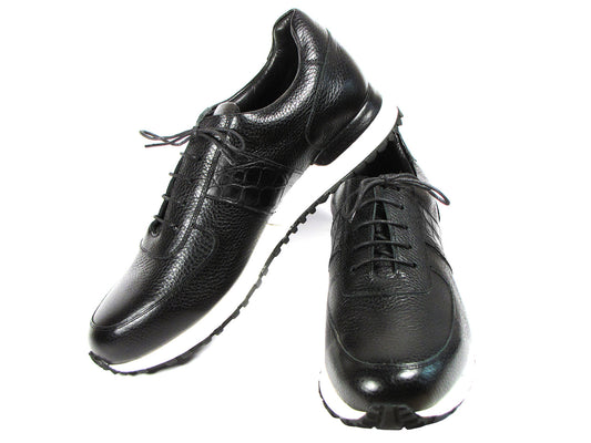 The Paul Parkman Men's Black Floater Leather Sneakers - LP206BLK are artfully displayed on a white background, highlighting their elegant black leather upper, sleek design, white soles, and black laces.