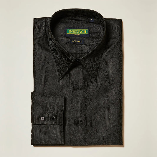 A neatly folded black shirt from Inserch, crafted in a jacquard style with a subtle paisley design, and featuring elegant French cuffs.