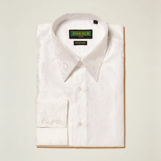 Folded white long-sleeve shirt with a subtle paisley jacquard pattern and sophisticated French cuffs, bearing the label "Inserch.