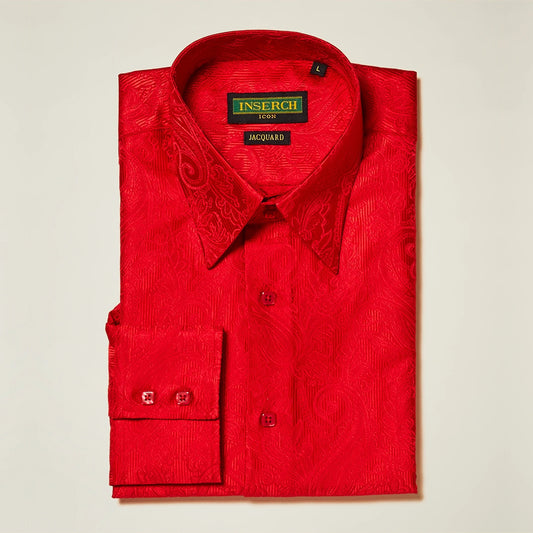 A folded Inserch Long Sleeve Shirt LS005-30 in red jacquard, showcasing intricate paisley patterns, features an "Inserch 100% Jacquard" label and elegant French cuffs.