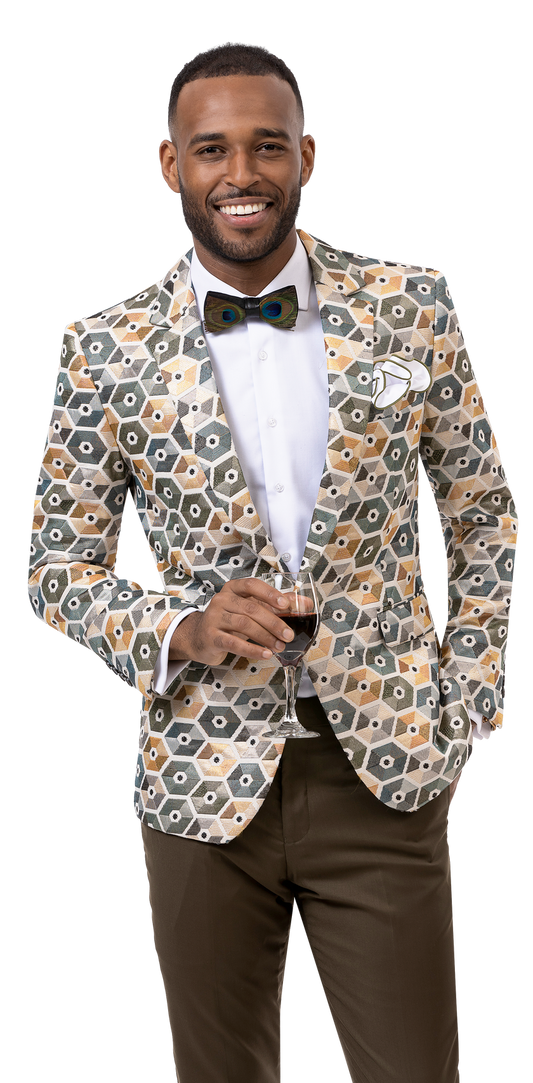 A man in the EJ Samuel Olive Blazer J122, available only in size 50R and limited in store, holds a glass of red wine, smiling and highlighting his impeccable fashion sense with a classic bow tie.