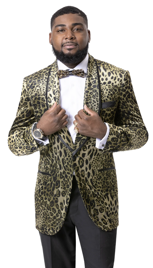 A man confidently stands in the EJ Samuel Leopard Blazer J125, a limited-edition shawl-collar suit jacket in leopard print, paired with a white shirt and velvet bow tie.